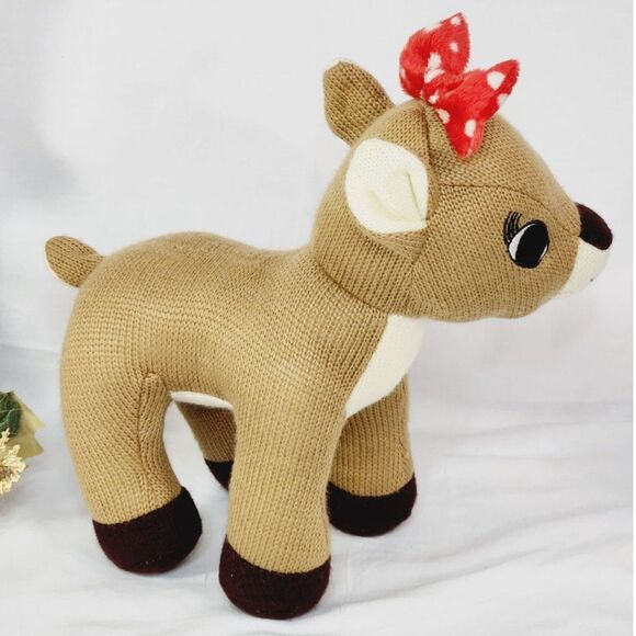 Dan Dee Clarice Reindeer Christmas Plush 11" Knit Stuffed Animal Red White Bow - Picture 2 of 9
